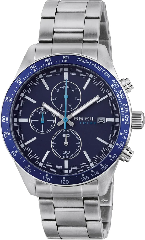 BREIL, Colección Fast, Reloj para Hombre, Cronógrafo para Hombre, con Caja de Acero, Bisel de Aluminio Azul con Detalles Plateados, Esfera Azul, Esferas Luminosas, Resistente al Agua, Diámetro 44 mm