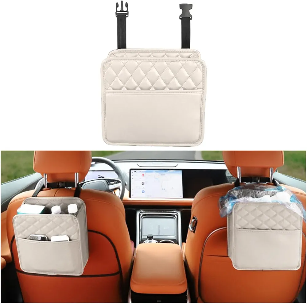 JNNJ Cubo De Basura Para Coche, Bolsa Basura Para Coche Impermeable a Prueba Fugas Basura Caja, Cuero De La PU Coche Asiento Cubo De Basuras Para Coches, Multiusos Accesorios Automóvil(Blanco)