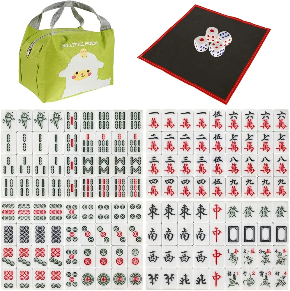 JTWEB Mini Chino Mahjong 144 Malditos Mahjong Conjunto de baldosas Mahjong Mat Juego de Mesa Tradicional de Mahjong China Juego Ligero Portable Mahjong Juego para el Tiempo de Ocio Familiar