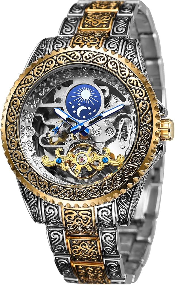 BOLYTE Reloj mecánico automático de esqueleto para hombre, grabado, vintage, casual, correa de acero, manecillas luminosas, dorado, pulsera