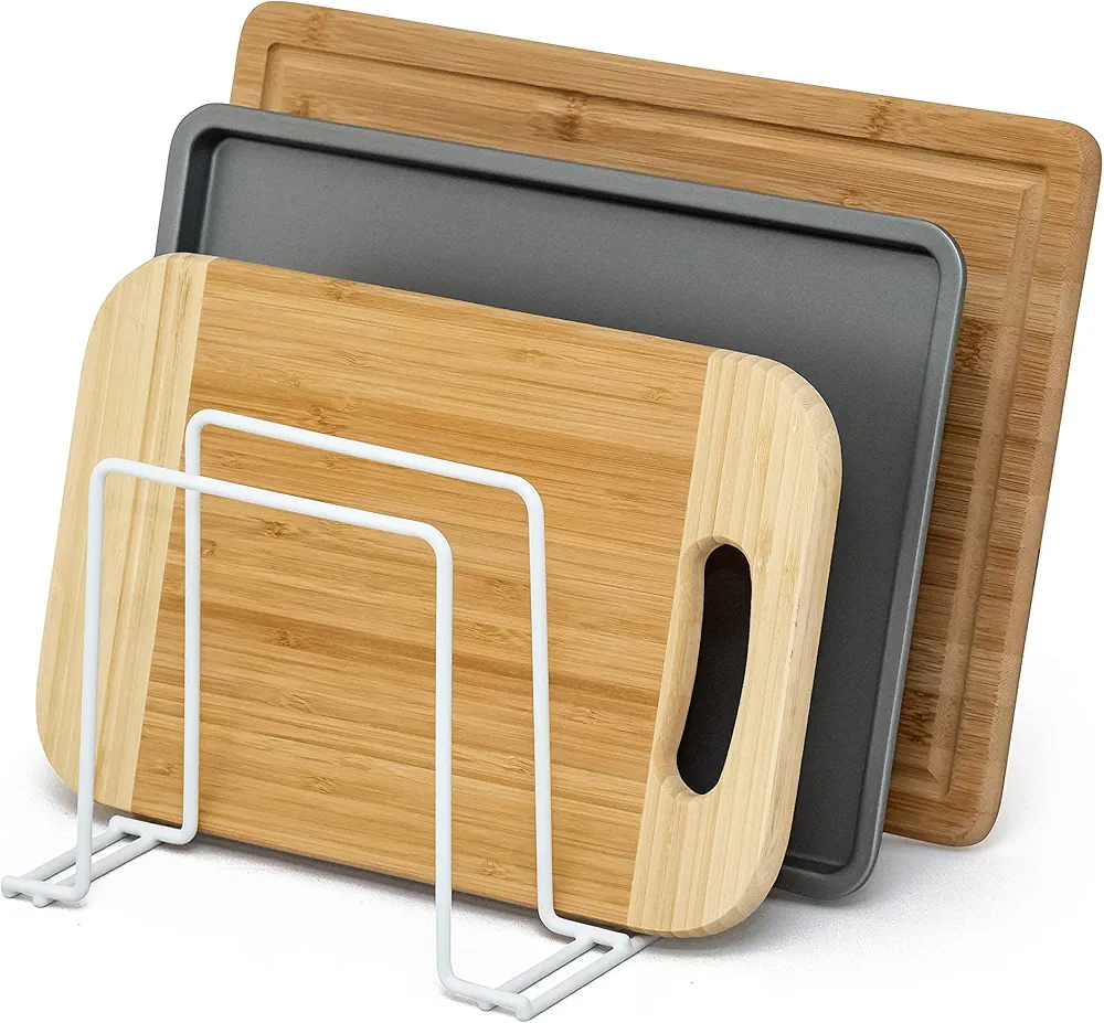 simplywire – Soporte para bandejas de Horno y Tablas de Cortar - Almacenamiento de sartenes - Organizador para armarios de Cocina – Blanco