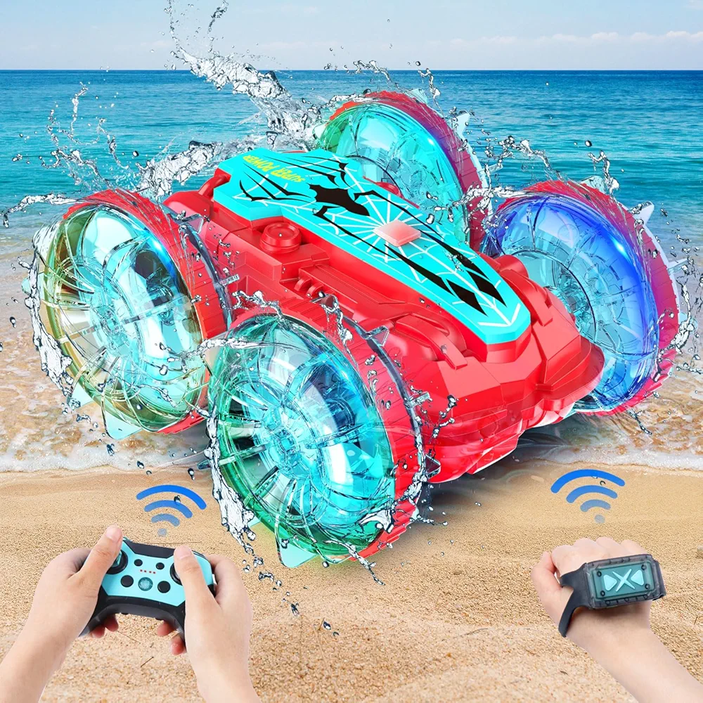 Coche Anfibio Teledirigido, Poiale 360° Rotación Coche Teledirigido Niños 8+ Años, 2.4Ghz 4WD Coche Acrobático Teledirigido, Coches Teledirigidos para Niños de Juguete Off-Road, Impermeable Recargable