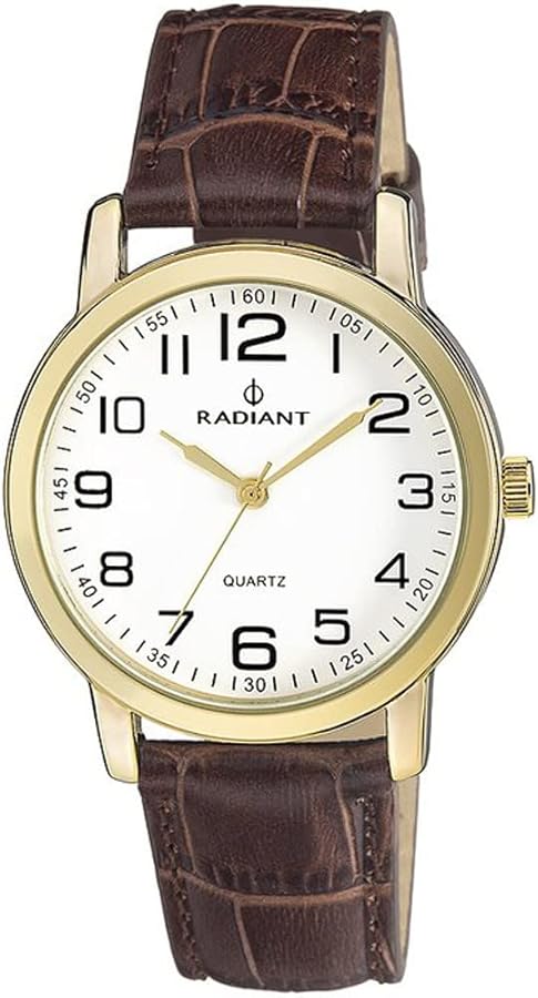 Radiant - Reloj analógico y de Cuarzo. Reloj de Pulsera para Hombre. Reloj de Brazalete con Esfera Blanca y Dorada y Correa de marrón de Piel. Tamaño 40mm. 3ATM.