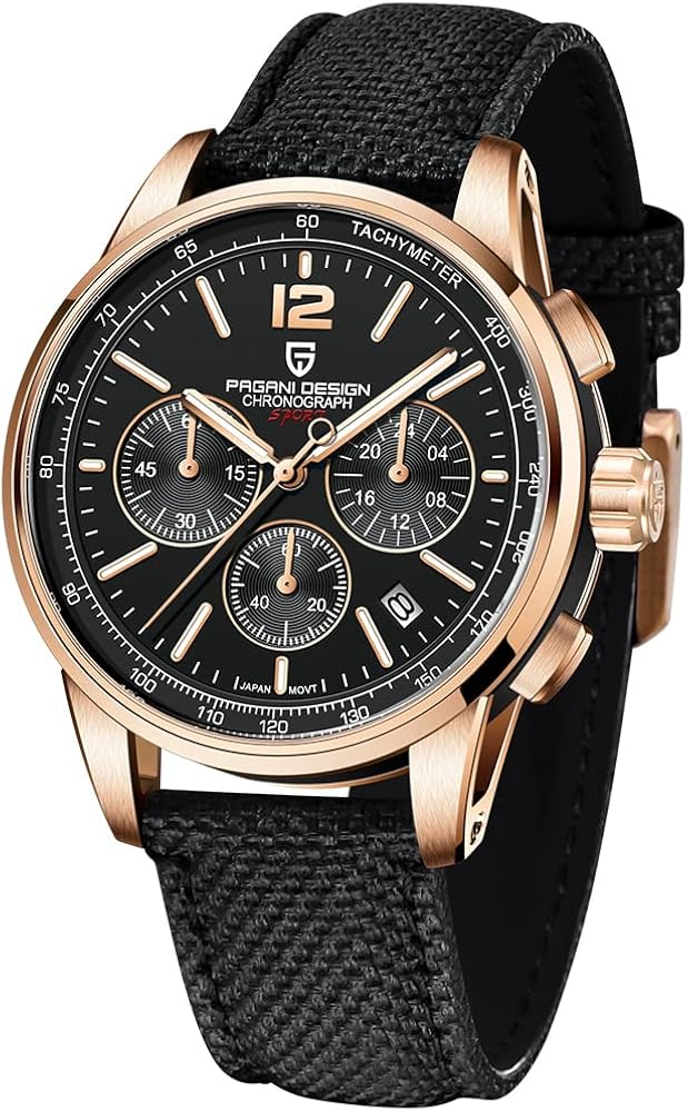 Pagani Design - Reloj de cuarzo para hombre, cronógrafo, deportivo, de cuero, nailon, impermeable, analógico, reloj de pulsera para hombre, dorado, fecha automática, reloj de pulsera de negocios, Oro