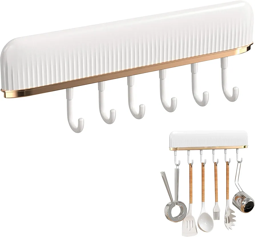xiruiubao Barra Utensilios Cocina, Colgador Utensilios Cocina Pared con 7 Ganchos Móviles, Soporte para Utensilios de Cocina/Baño Sin Taladrar (30.2 * 6.2 * 3 cm, Blanco)