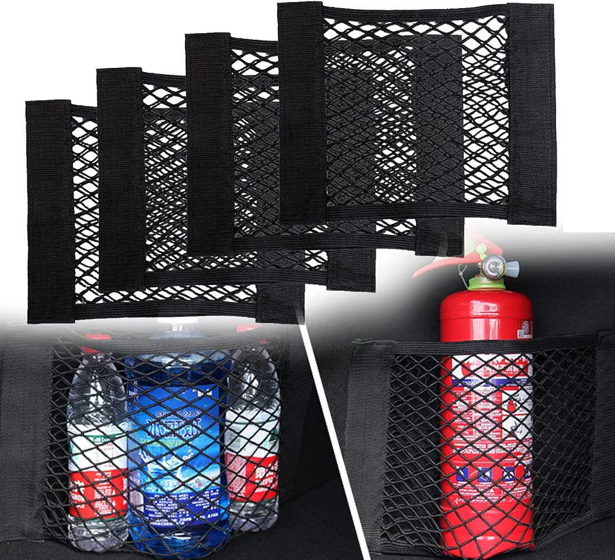 4PCS Red de Almacenamiento de Nailon, 30X25CM, Bolsa de Organizador Tronco de Coche con Redes de Bolsillos Elástica, Botellas, comestibles, almacenaje Agregar organizadores para Carro de automóviles