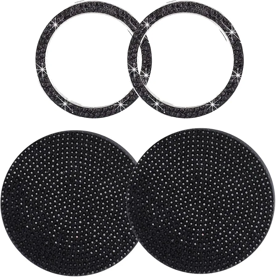 LEEQ 2 uds portavasos para coche posavasos + 2 uds anillo botón inicio y parada cristal ostentoso diamantes imitación accesorios de decoración coche (negro)