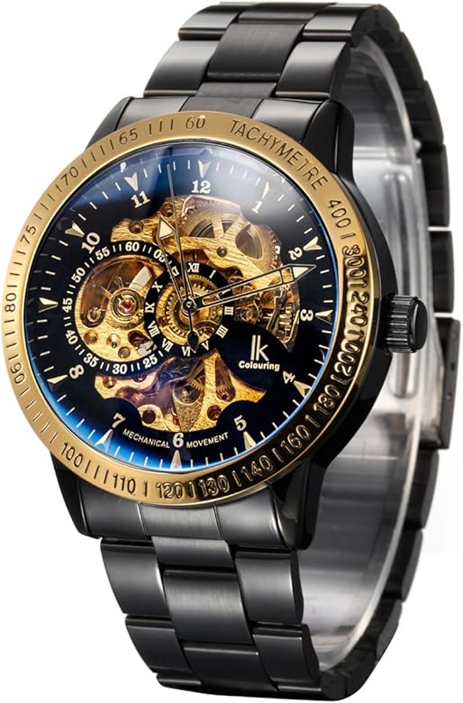 Alienwork IK Reloj Automático Hombre Mujer Negro Pulsera de Metal Acero Esqueleto Fondo de Vidrio