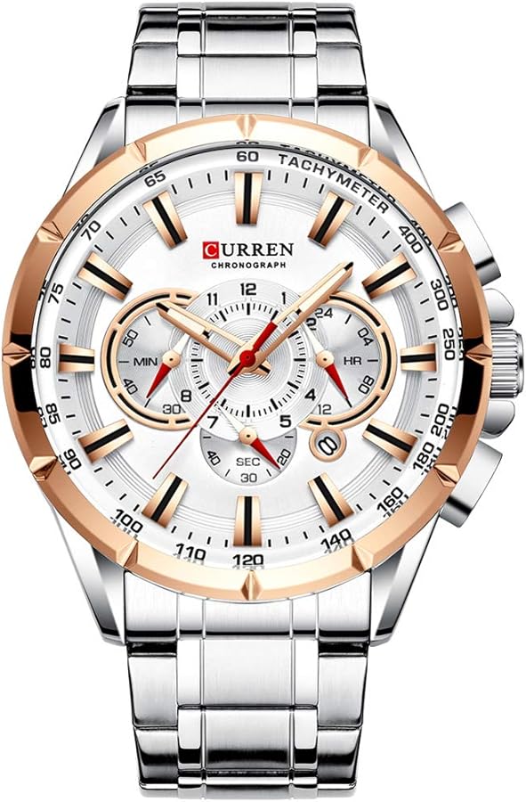 Curren Reloj de pulsera para hombre, tres subesferas, visualización de fecha, acero plateado, reloj de cuarzo deportivo, color blanco 8363, plata, 22, pulsera