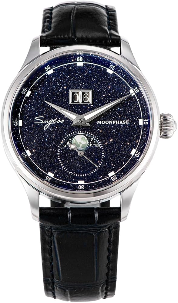 Moonphase Relojes de lujo para hombre 316L Caja de acero inoxidable Gaviota ST2528 Movimiento de piedras preciosas Estrellas Dial automático Reloj de pulsera de los hombres Regalo