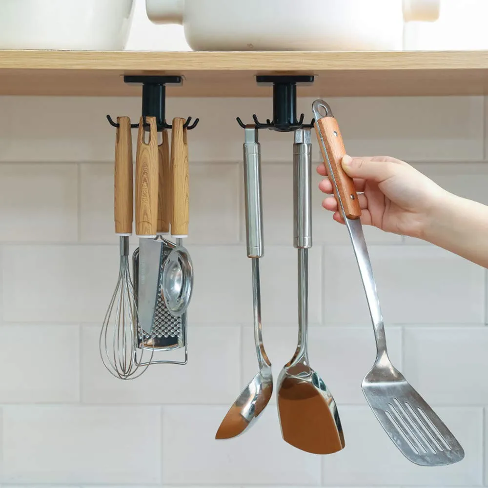 EigPluy 6 Ganchos Colgador de Utensilios Cocina,sin Perforación Adhesivo Utensilios en Cocina Ganchos Bajo Armario,360 ° Giratorio Utensilios de Cocina Rack Baldas(2 Piezas) (Negro)