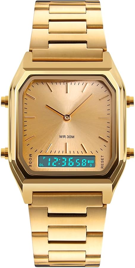 ROSEBEAR Reloj digital de cuarzo para hombre, resistente al agua, 50 m, analógico, cronógrafo electrónico de lujo con dos indicadores LED luminosos, dorado, Pulsera