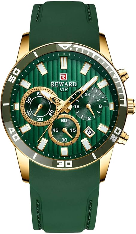 RORIOS Relojes Hombre Deporte Reloj de Pulsera con Correa de Silicona Luminoso Analógico Cuarzo Relojes Casual Cronografo Reloj para Hombre Verde Dorado