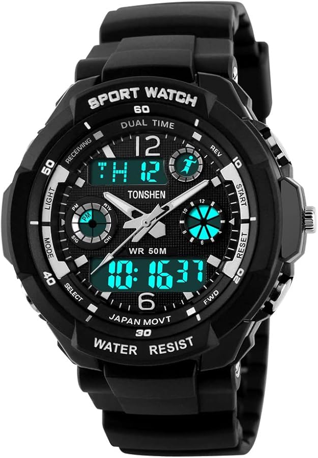 TONSHEN Reloj Deportivo Digital Hombre y Mujer Impermeable 50M Resistente al Agua LED Electrónica Analógico Cuarzo Doble Tiempo Plastico Caja y Goma Correa Outdoor Militar Relojes de Pulsera