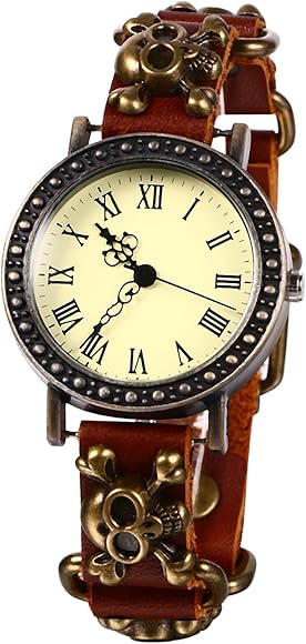 JewelryWe Reloj Calavera Vintage, Reloj Punk de PU, Reloj de Cuarzo Analógico, Reloj de Halloween de Regalo, Reloj Redondo para Hombre y Mujer, Escala con Números Romanos