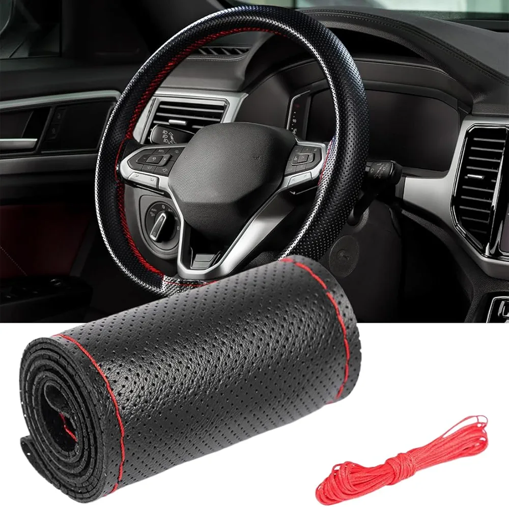 VJUYSW Bricolaje Cubiertas del Volante de Cuero Suave en el Volante del automóvil con Aguja e Hilo Accesorios de Interior Rojo