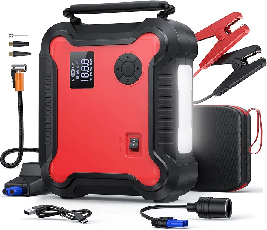 Arrancador de Coches con Compresor de Aire, 4500A 26800mAh Arrancador de Baterias de Coche (para Todo vehículo de Gasolina o 8.0L de Diesel),150 PSI Inflado Rápido, 3.0 Carga y Linterna LED.