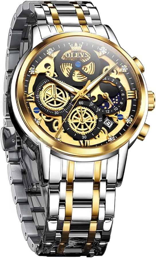 OLEVS Relojes de hombre de acero inoxidable esqueleto cronógrafo cuarzo japonés hombres con cara de diamante luminoso impermeable moda casual reloj de pulsera de negocios, Negro/bicolor, Pulsera