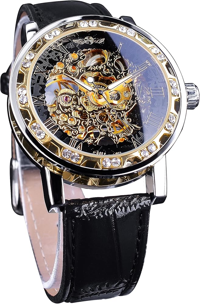 Winner - Reloj de pulsera mecánico manual retro con diamantes y flores talladas para hombre, reloj de pulsera mecánico clásico con números romanos
