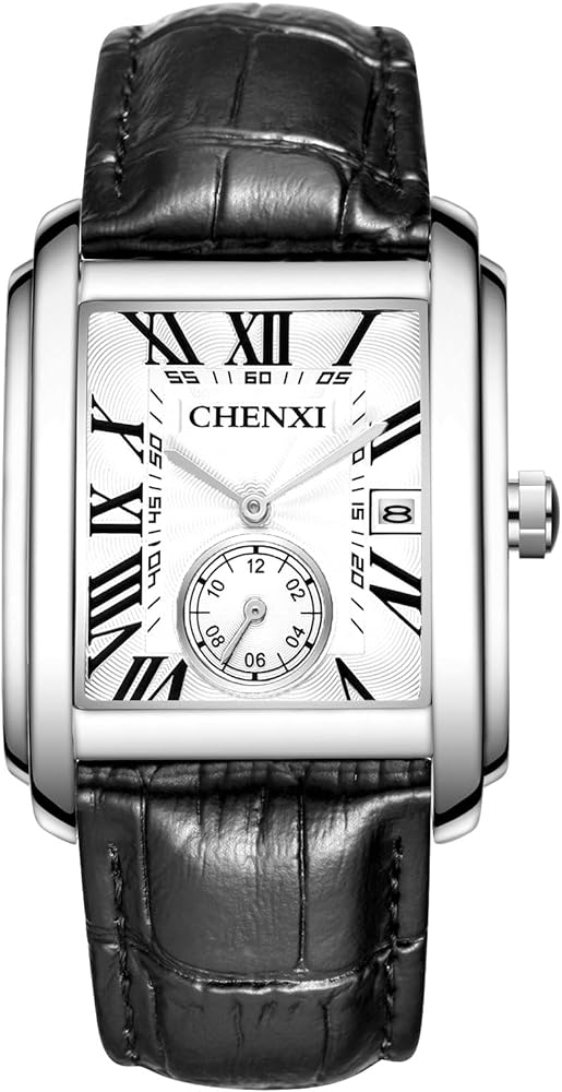 JewelryWe Reloj Cuadrado de Cuero para Hombre : Reloj de Cuarzo Analógico Números Romanos Escala Correa de Cuero Calendario Pantalla con Función Impermeable - para Negocios Ocio Deportes Regalo