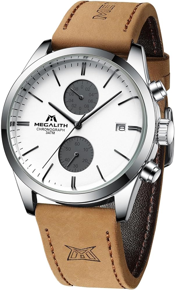 MEGALITH Relojes Hombre Correa de Cuero Acero Inoxidable Cronografo Calendario Analogico Cuarzo Reloj Pulsera Hombre Impermeable Regalo