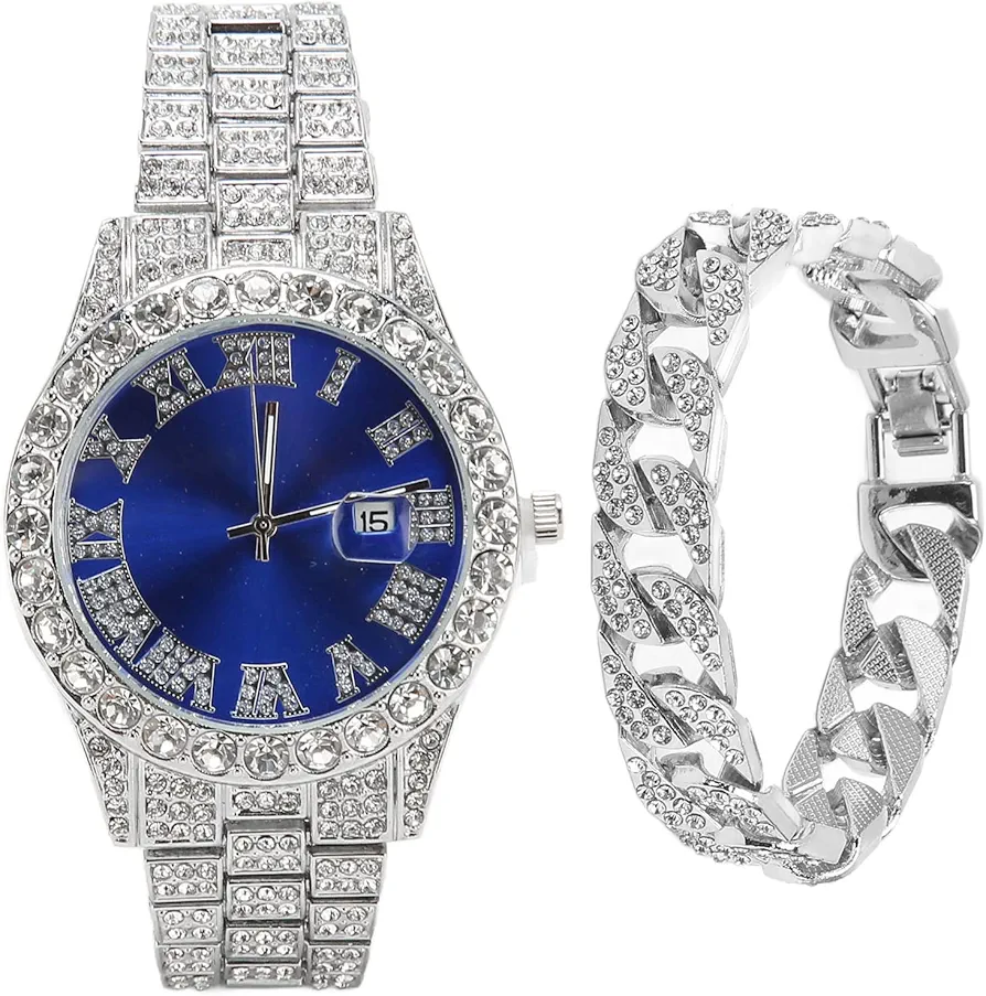 Sempoda Reloj de Plata de Moda para Hombre, Reloj Azul Grande de Acero Inoxidable, Esfera de Cuarzo, Reloj Brillante con Calendario de Pulsera de Plata
