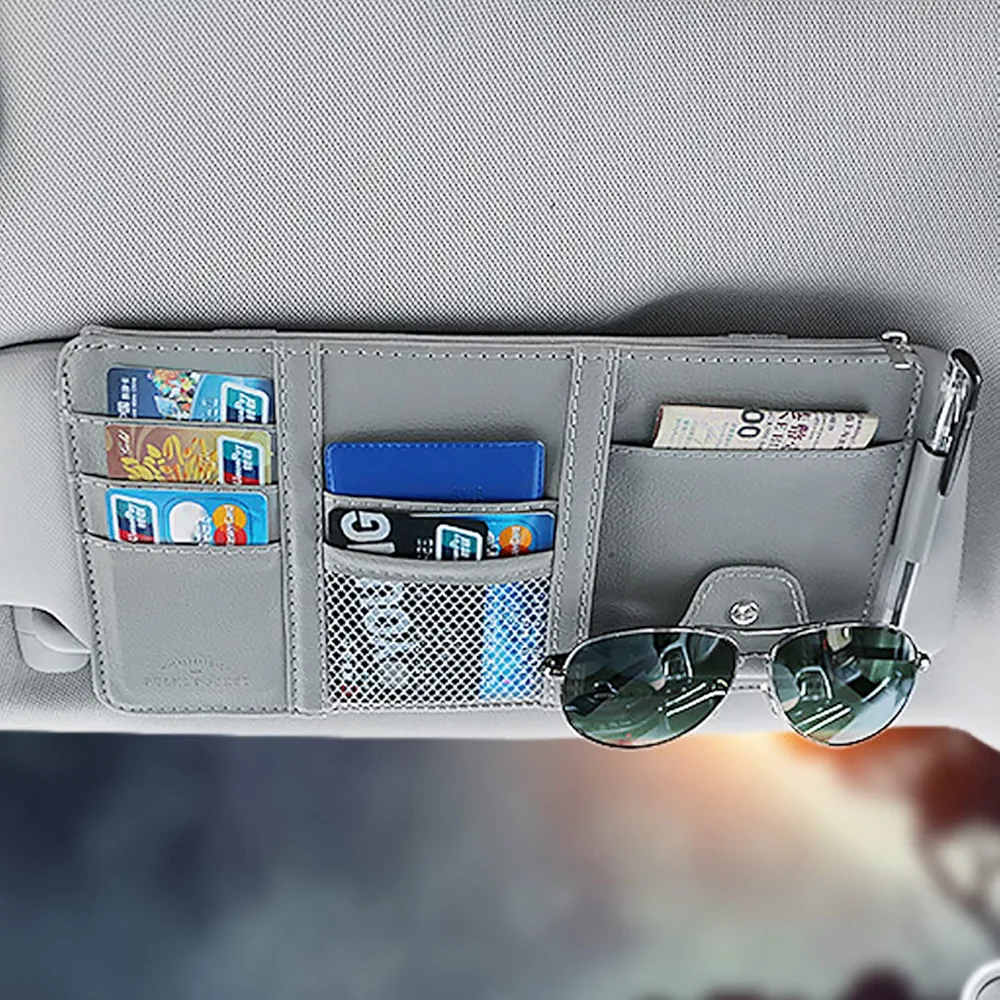 VIKSAUN Organizador de Visera para coche Accesorios para el Interior del Automóvil Del sol del soporte para gafas Teléfonos Móviles, Licencia de conducir，Bancarias CD Almacenamiento (Gris)