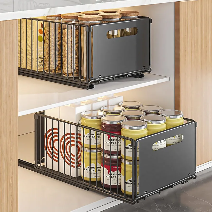 YunNasi Organizador de Gabinete Extraíble con Estantes de Almacenamiento Deslizantes, Organizador de Armario, Cesta Deslizante para Cocina, sin taladrar ni clavar (Negro, 2Bloque 38D X 25W X19H CM)
