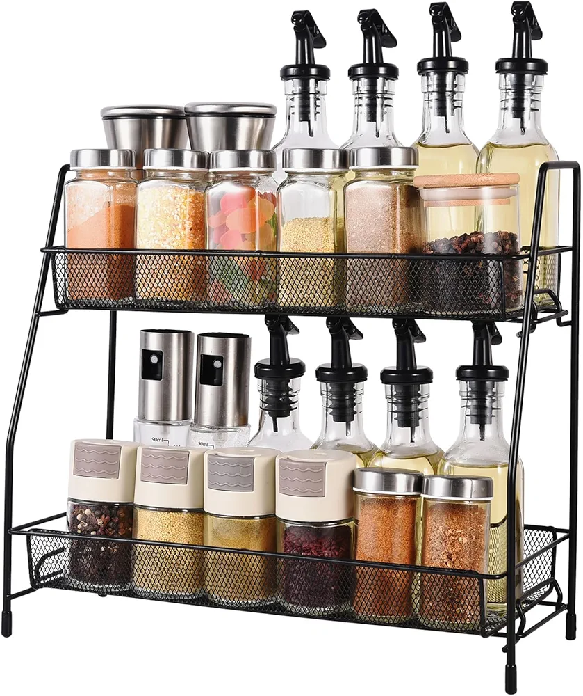 LXUDN Especieros de 2 Niveles para Especias de pie,Organizador de Especias,Estante para Especias,Negro de Acero Inoxidable,Adecuado para Cocinas y Baños,Soporte para Especias