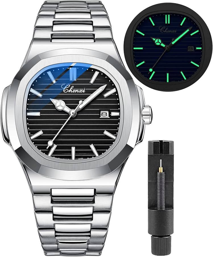 Gosasa Reloj de pulsera masculino de acero inoxidable de lujo de cuarzo luminoso impermeable con pantalla analógica para hombre, Negro -, Moda