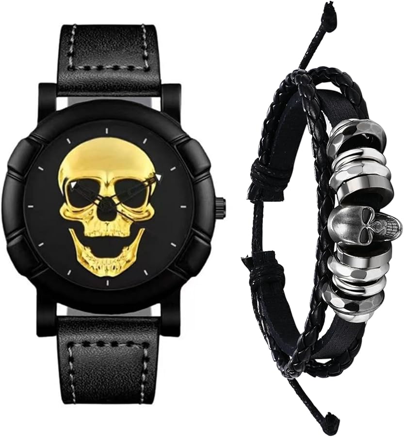 JewelryWe Juego de Pulsera Reloj Esqueleto, Pulsera Reloj de Halloween Steampunk, Reloj de Cuarzo Analógico para Hombre y Mujer, Pulsera Ajustable, 2 Piezas