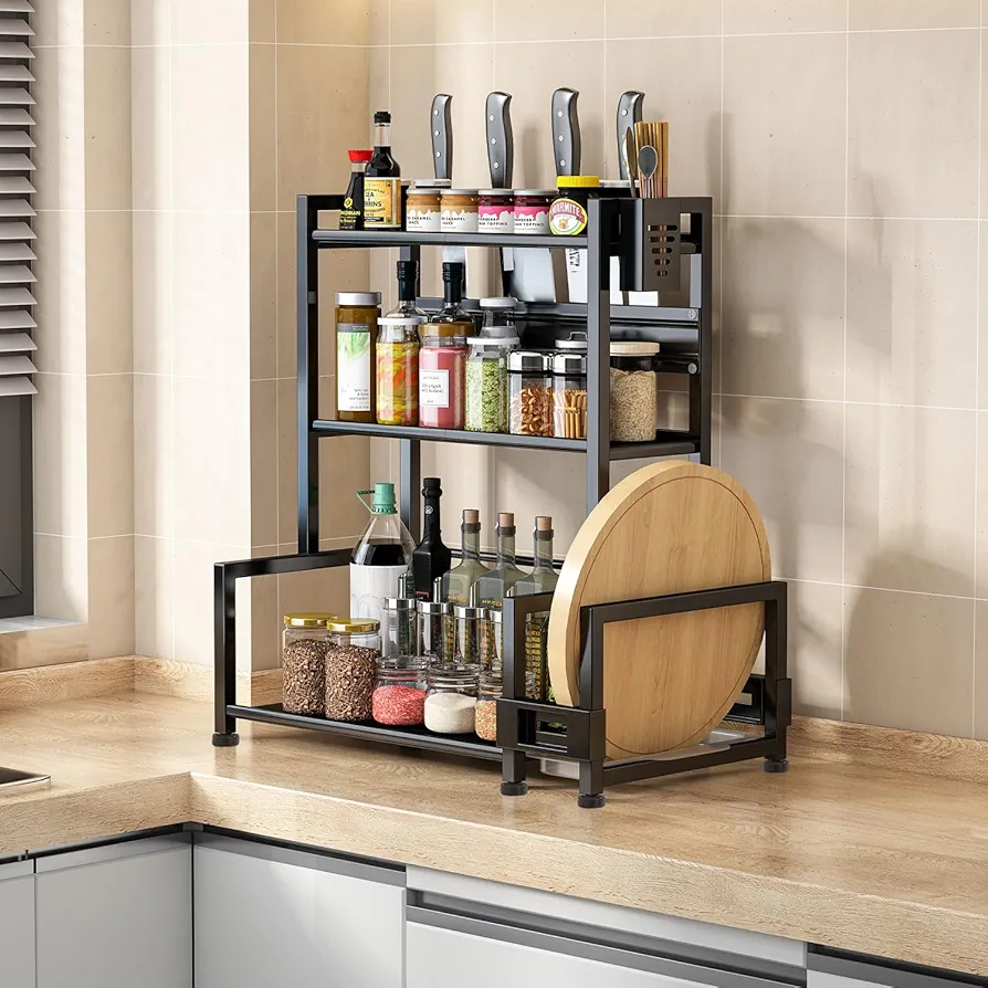 devesanter Estantería para especias de pie, 3 niveles, gran capacidad, para cocina, organizador de metal para encimera, con soporte para utensilios de cocina, con 6 ganchos, color negro