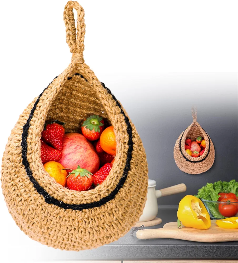 QIYILE Cesta de frutas colgante para cocina, cesta de pared, cesta de frutas tejida a mano con ganchos, cesta colgante de pared, plantador de pared para restaurante, frutas, verduras, organización