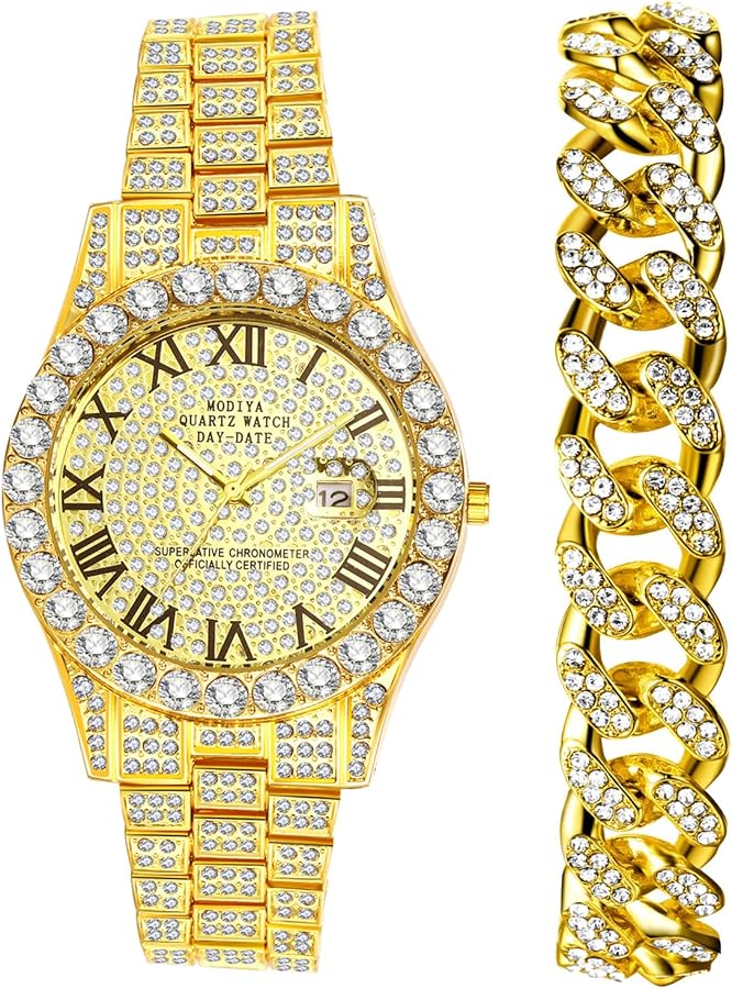 JewelryWe Reloj con Diamantes para Hombre y Mujer, Conjunto de Reloj y Pulsera con Diamantes, Reloj Redondo Analógico de Cuarzo, Pulsera y Correa de Acero Inoxidable, Oro Plata, 2 Piezas