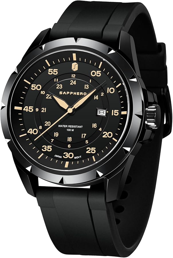 SAPPHERO Montre Homme Silicone Etanche 10ATM Mouvement à Quartz Japonais Boîtier en Acier Inoxydable Montre pour Homme Conception de Date Sport Décontracté Entreprises Meilleur Cadeau pour Les Hommes
