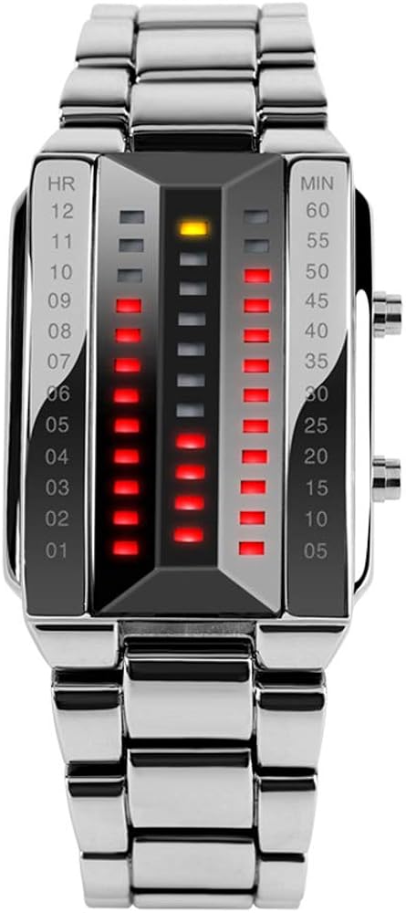 TONSHEN Hombre Binario Relojes de Pulsera Negro Acero Inoxidable 3D Dial Rojo Amarillo LED luz Moda Deportes Relojes Diseño Elegante Simple