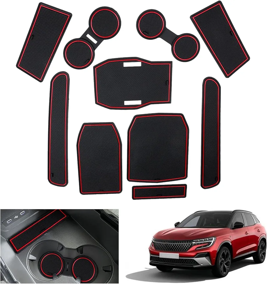 GAFAT Compatible con Renault Austral E-Tech Hybrid (Automática) 2022 2023 2024 Alfombrillas Antideslizantes, Austral 2023 Alfombrillas de Goma para Consola Central, Costura de Puerta (Rojo)