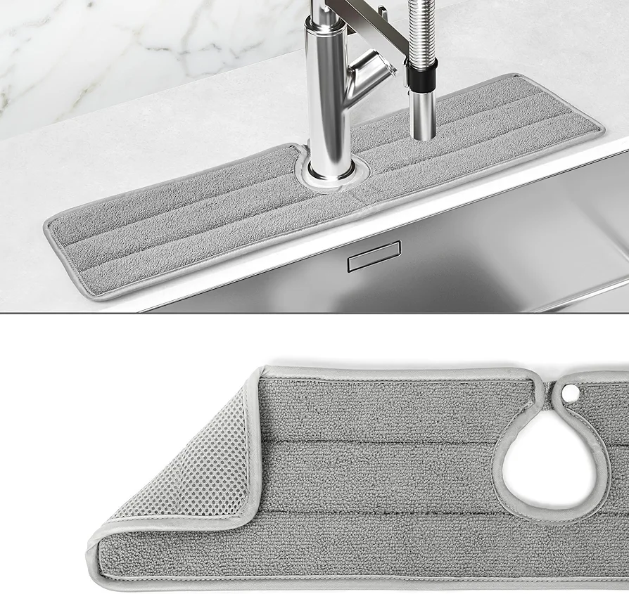 Winter Shore Alfombrilla Fregadero Cocina Absorbente Gris - Protector Salpicaduras Cocina con Cierre de Botón - Cubierta Envolvente Lavable a Máquina, Protección de Secado Rápido - 600 x 145 x 10 mm