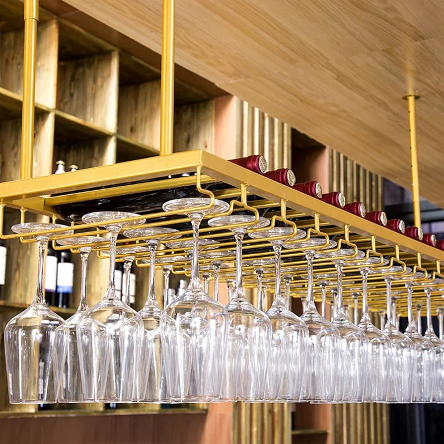 QWBDNMQP Estante para Colgar en el Techo para Copas de Vino al revés, Estante para Botellas de Vino Dorado, Altura y Ancho Ajustables, estantería de Almacenamiento para el hogar, Cocina, ba