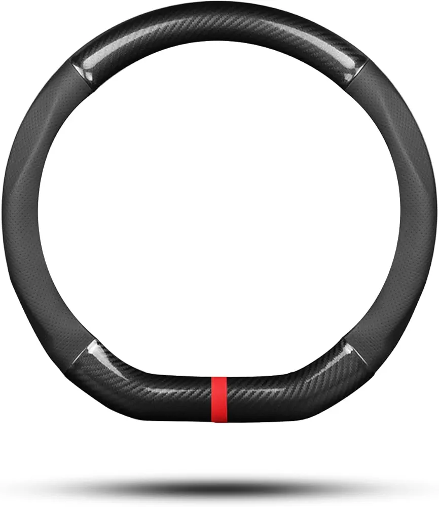 Ergocar Funda Volante De Coche Antideslizante Volante De Coche Protector Forma De D Fibra de Carbono & Cuero PU Para Diámetro 38cm (15 ") (Negro-G)