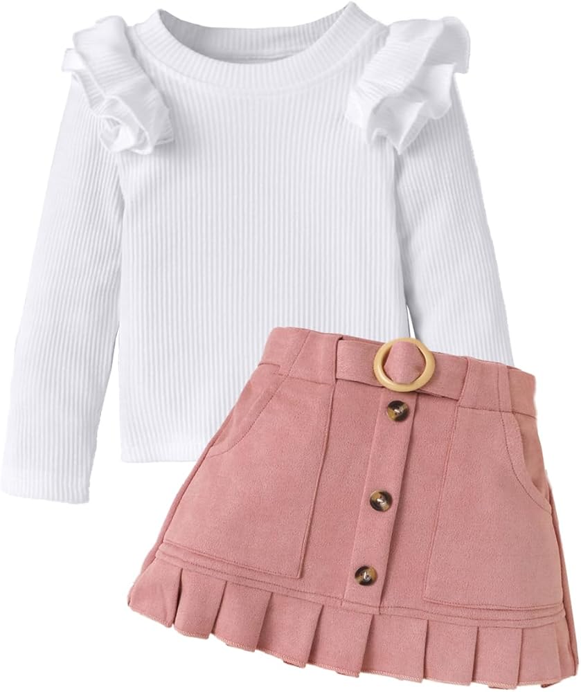 LUVCES Conjuntos de Ropa para Niñas Pequeñas, Camisa de Manga Larga con Volantes y Minifalda con Lazo 2 Piezas Otoño e Invierno Trajes