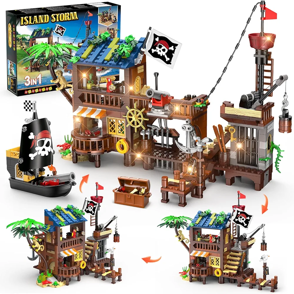HOGOKIDS Juego Construcción Casa Barco Pirata con luz LED, 781 PCS Juguete Bloques Construcción Muelle Pirata Medieval, Kit Ladrillos Arquitectura Stem para Niños y Niñas 6-12 años