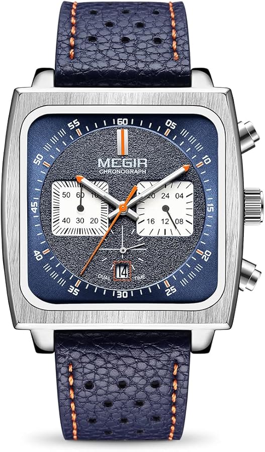 MEGIR Reloj de pulsera rectangular para hombre, analógico, de cuarzo, cronógrafo, luminoso, deportivo, con correa de cuero/acero inoxidable 2182G, Azul, Cronógrafo, movimiento de cuarzo