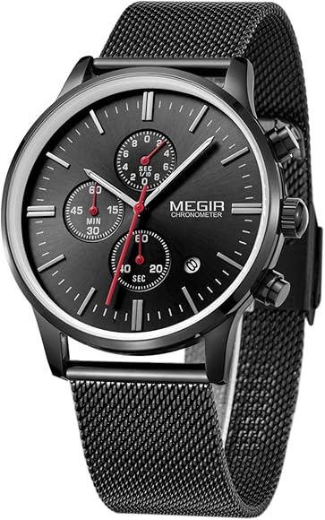 Megir - Reloj de pulsera con correa de malla, luminoso, 6 manecillas, analógico, cronógrafo, 3 ATM, impermeable, cuarzo