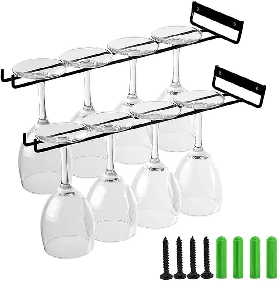2 Piezas Estante Colgar Copas de Vino, Portavasos para Vino, Soporte Copas para Vino, Colgador Copa Vino Metal, con 2 Tornillos y 2 Tubos de Expansión, para Hogar, Bar, Cocina, Restaurante (Negro)