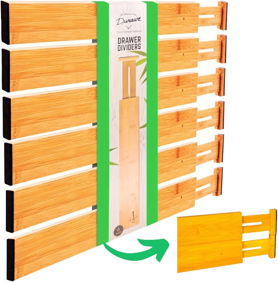 Separadores de Cajones Organizadores de Cocina de Bambú Set de 6 - Separador de Cajones Ajustable y Ampliable con Muelle - Lo mejor para la Cocina, el Dormitorio, la Cómoda y el Armario (30-43cm)