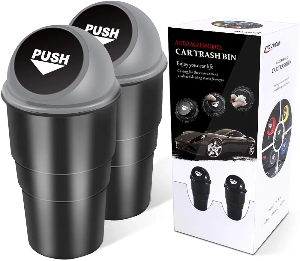 YIOVVOM Cubo de basura para coche con tapa, a prueba de fugas, contenedor de basura pequeño para automóvil, oficina, hogar, cocina, dormitorio, set de 2 (gris)