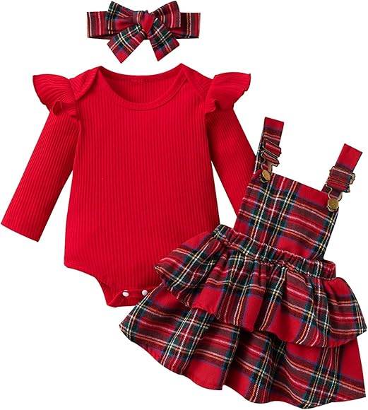LUVCES Conjunto Faldas para Niñas Recién Nacidas Manga Larga Top con Volantes + Cuadros/Lunares/Pajarita Vestido con Tirantes Otoño Invierno Ropa Trajes