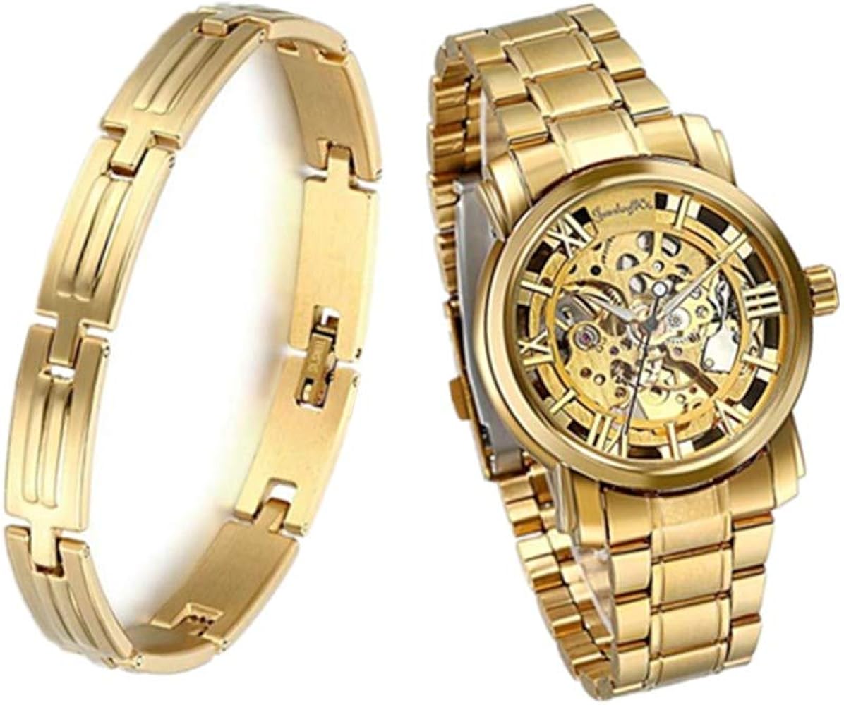 JewelryWe Reloj Mecánico Oro Hombre: Relojes Esqueleto Mecánicos Automáticos Fondo Esfera Transparente Correa de Acero Inoxidable Pulsera - para Ocio Negocios Deportes Regalos