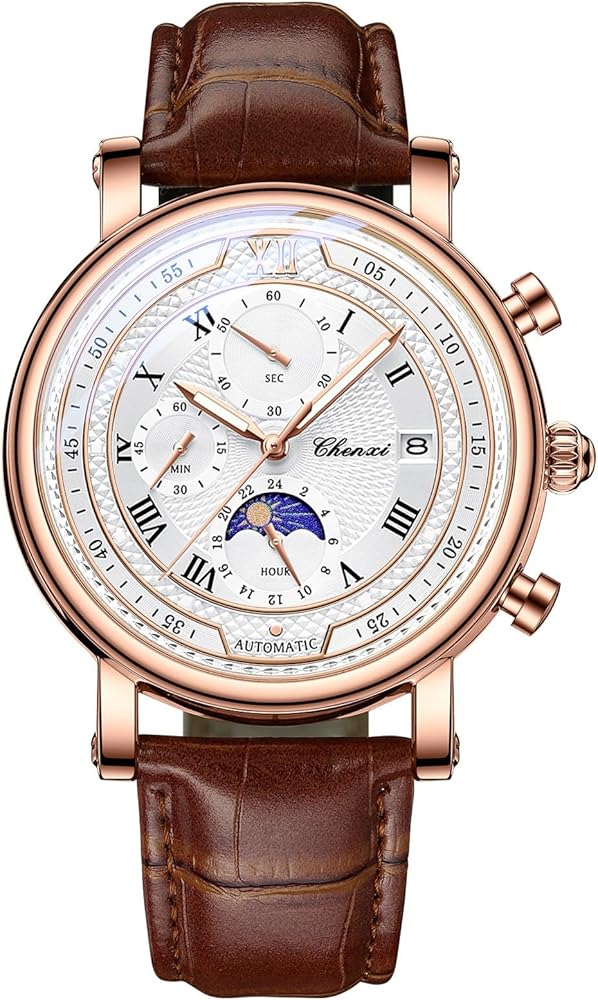 FORSINING Reloj de cuarzo analógico para hombre, reloj de pulsera de cuero, diseño de fase lunar, cronógrafo, resistente al agua